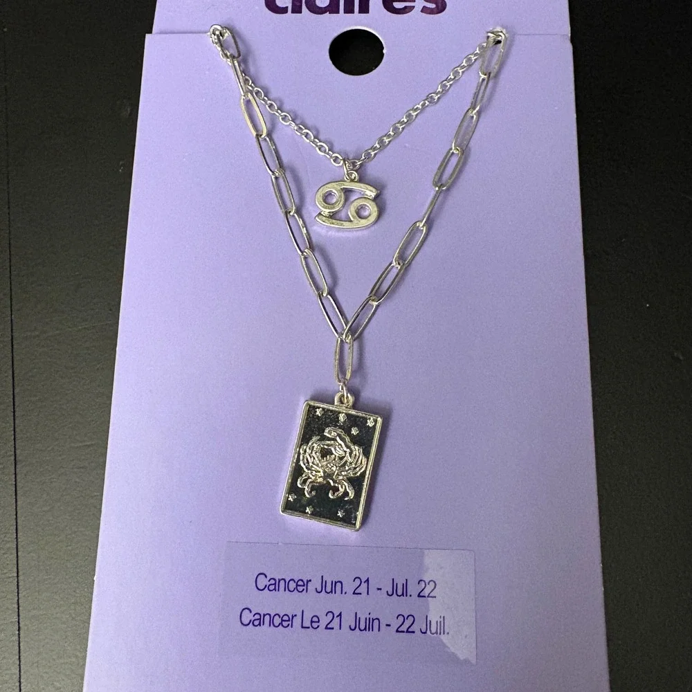 NWT‎ Claires Silver Cancer Zodiac Layered Set of 2 Necklaces July June Gift